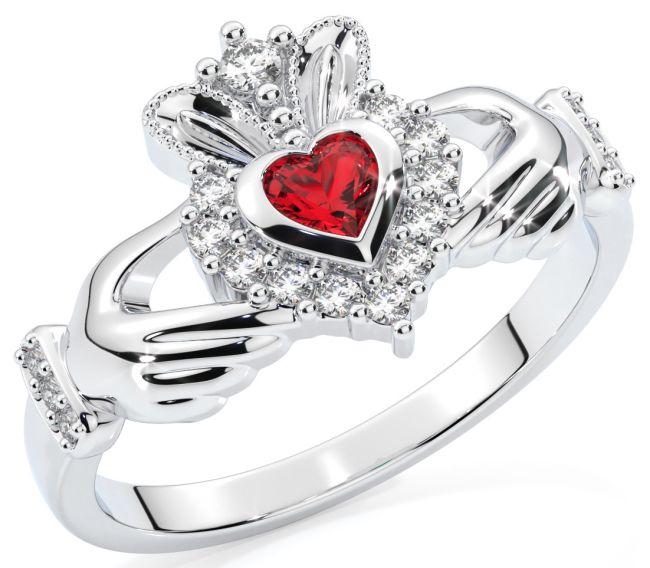 Ladies 10K/14K/18K Solid White Gold Ruby .25cts and Diamond .18cts Claddagh Ring - July Birthstone 