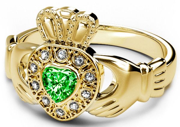 10K/14K/18K Yellow Gold Genuine Diamond .13cts and Genuine Emerald .25cts Celtic Claddagh Ring