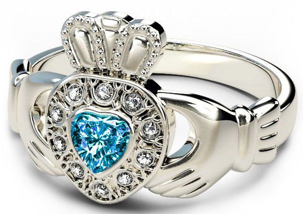 10K/14K/18K White Gold Genuine Diamond .13cts Genuine Aquamarine.25cts Claddagh Engagement Ring - March Birthstone