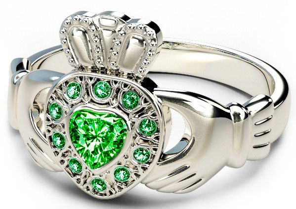 10K/14K/18K  White Gold Genuine Emerald .38cts Claddagh Ring  