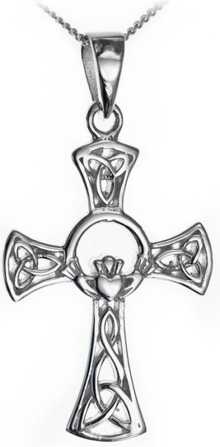 Silver Claddagh Celtic Cross Pendant Necklace