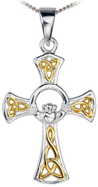 14K Two Tone White & Yellow Gold Silver Claddagh Celtic Cross Pendant Necklace