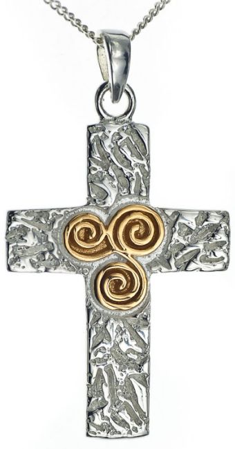 14K Gold Silver Newgrange Spiral Celtic Cross Pendant Necklace