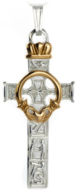 14K Two Tone Gold Silver 3D Heavy & Thick Celtic Cross Claddagh Pendant  Necklace