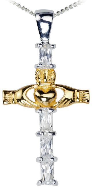 14K Yellow Gold Silver Claddagh Cross Pendant Necklace