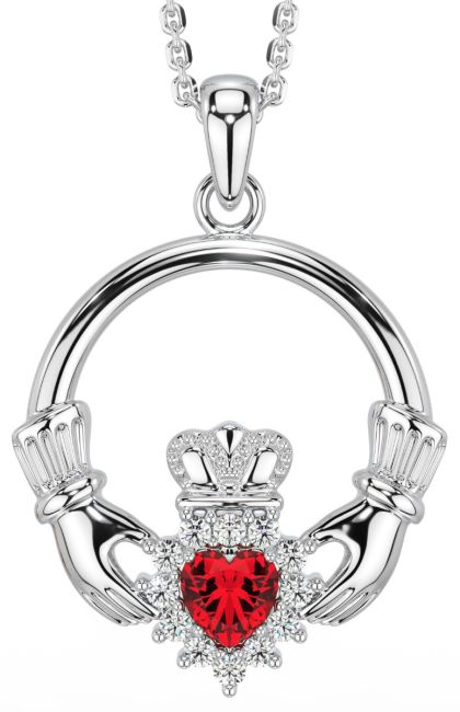 Ruby Diamond Silver Claddagh Pendant Necklace - July Birthstone