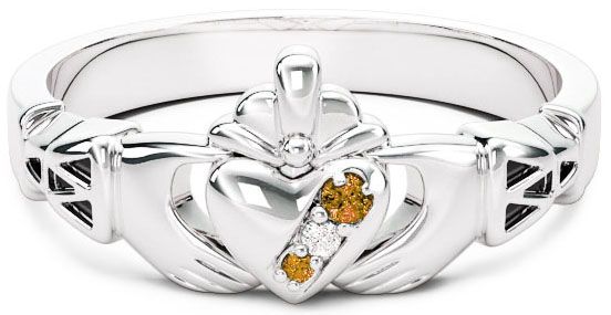 Ladies Diamond Citrine Silver Claddagh Celtic Knot Ring - November Birthstone