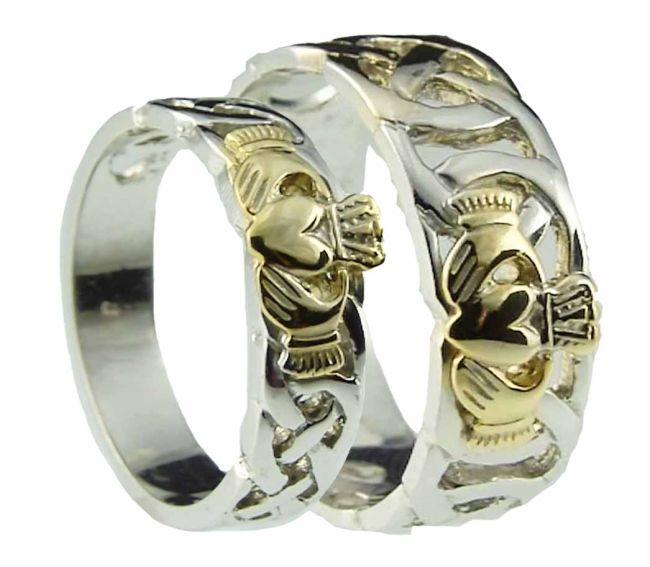 10K/14K/18K Two Tone Gold Celtic Claddagh Wedding Ring Set