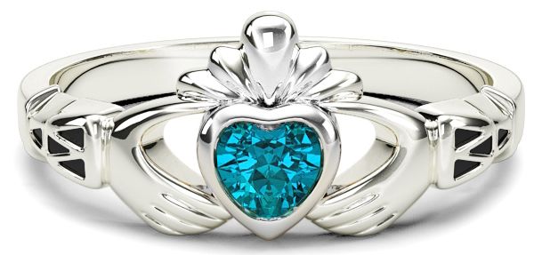 Ladies Aquamarine Silver Claddagh Celtic Knot Ring - March Birthstone