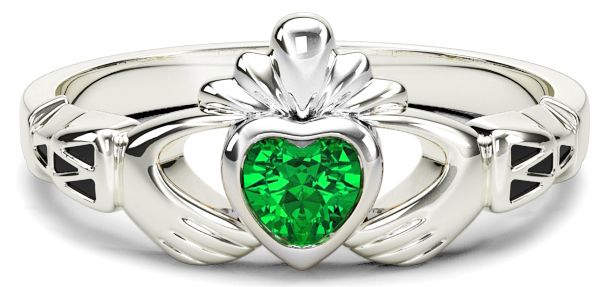 Ladies Emerald Silver Claddagh Celtic Knot Ring - May Birthstone