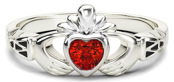 Ladies Ruby Silver Claddagh Celtic Knot Ring - July Birthstone